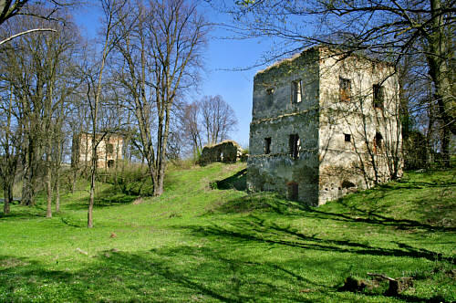 Zamek Stadnickich - najlepiej zachowane dwie wieże-basteje, a miedzy nimi fragment muru obwodowego