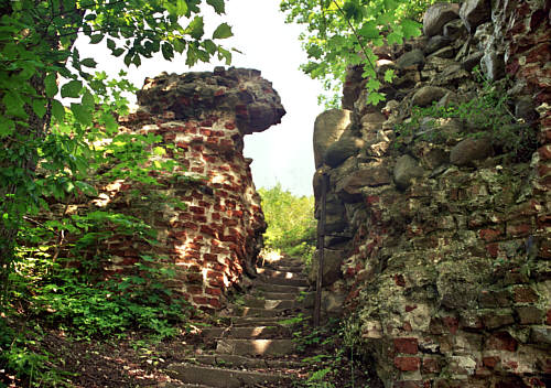 Kamienno-ceglane mury z wejściem do zamku głównego