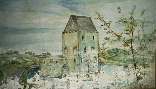 Malowidło przedstawiające wieżę w XVI wieku. Widać tu jeszcze mur obwodowy i blanki