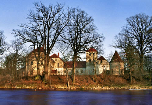 Dawny zamek rycerski w Witostowicach zza fosy